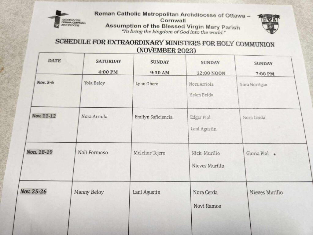 Service schedule for lectors eucharistic ministers assumption